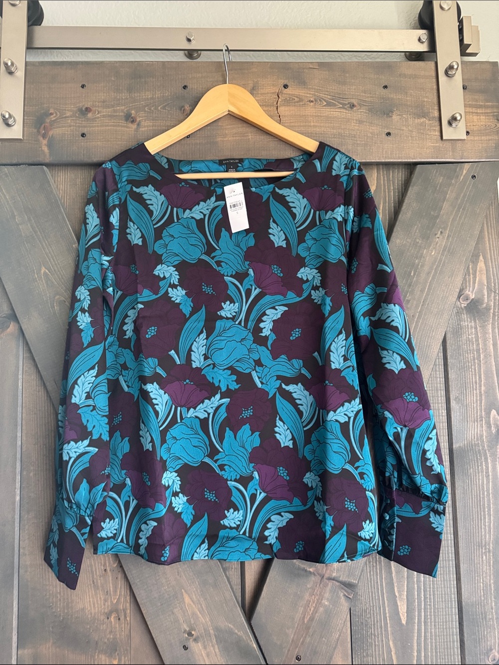 NWT Floral Long-Sleeve Top in Teal & Plum - Ann Taylor